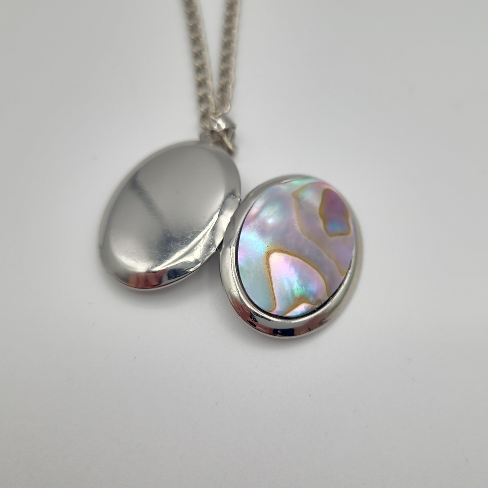 Silver Tone Abalone Shell Oval Locket Necklace